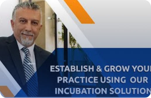 Smiling man in a suit and tie beside text promoting incubation solutions to establish and grow a practice.