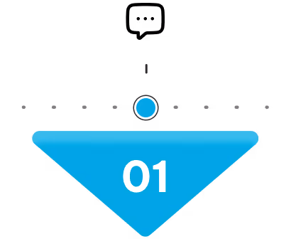 Blue downward-pointing triangle with number 01 inside, connected to a row of small gray dots and a single blue dot above it.