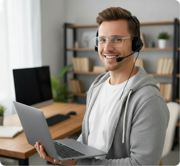 Smiling man wearing glasses and a headset holding a laptop in a modern office.