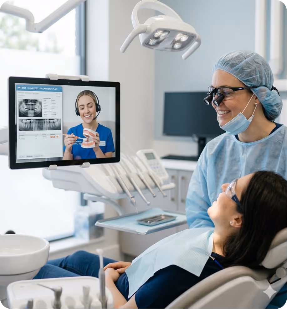 Dentist wearing surgical attire and magnifying glasses smiling at a patient in a dental chair while a dental nurse explains treatment using a dental model on a screen.