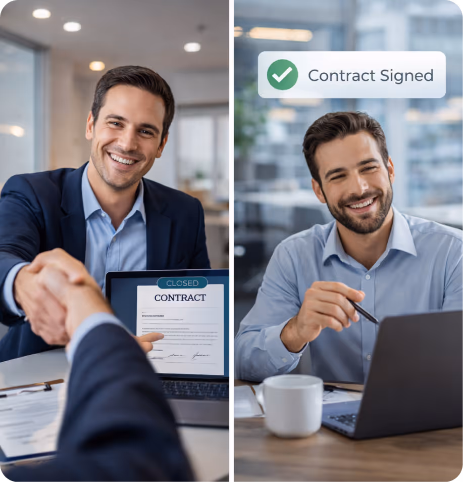 Split image of a businessman shaking hands with another person in front of a laptop displaying a closed contract, and a smiling man holding a pen near a laptop with a 'Contract Signed' checkmark notification.