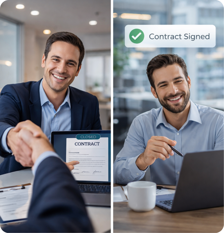 Split image of a businessman shaking hands with another person in front of a laptop displaying a closed contract, and a smiling man holding a pen near a laptop with a 'Contract Signed' checkmark notification.