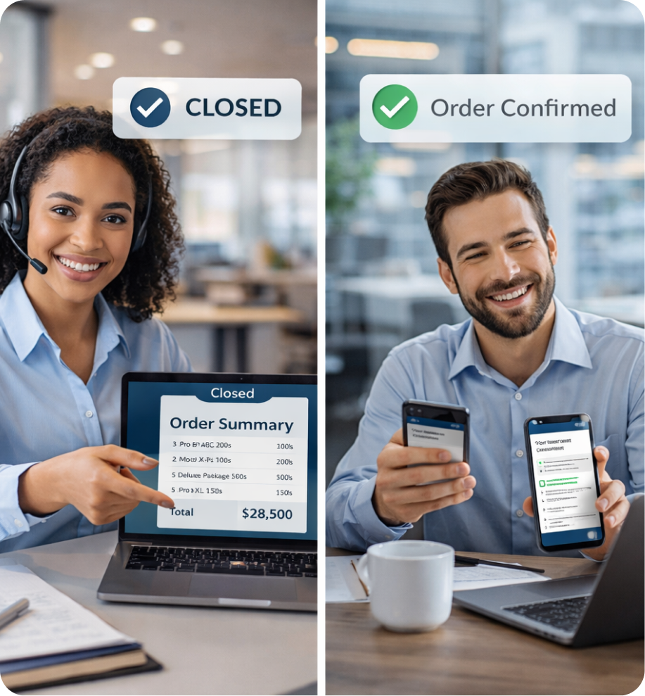 Split image of smiling customer service agents; left shows a woman pointing at a laptop with an order summary labeled closed, right shows a man holding two smartphones with order confirmed screens.
