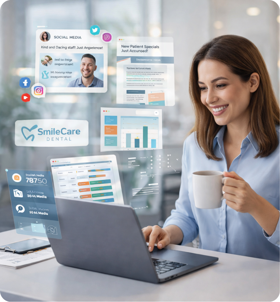Smiling woman holding a coffee cup while working on a laptop with digital social media and dental marketing analytics overlays.