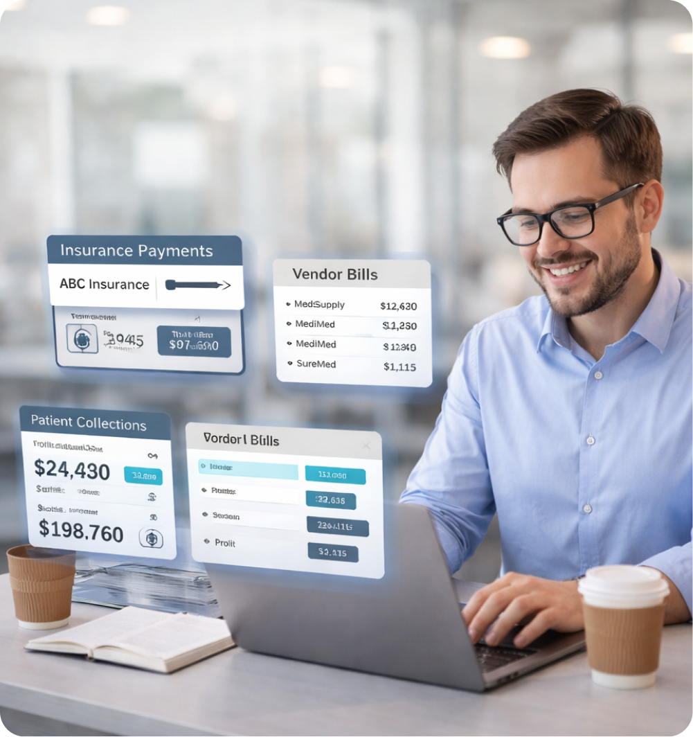 Man wearing glasses sitting at a desk working on a laptop, surrounded by virtual financial dashboards showing insurance payments, vendor bills, patient collections, and order bills.