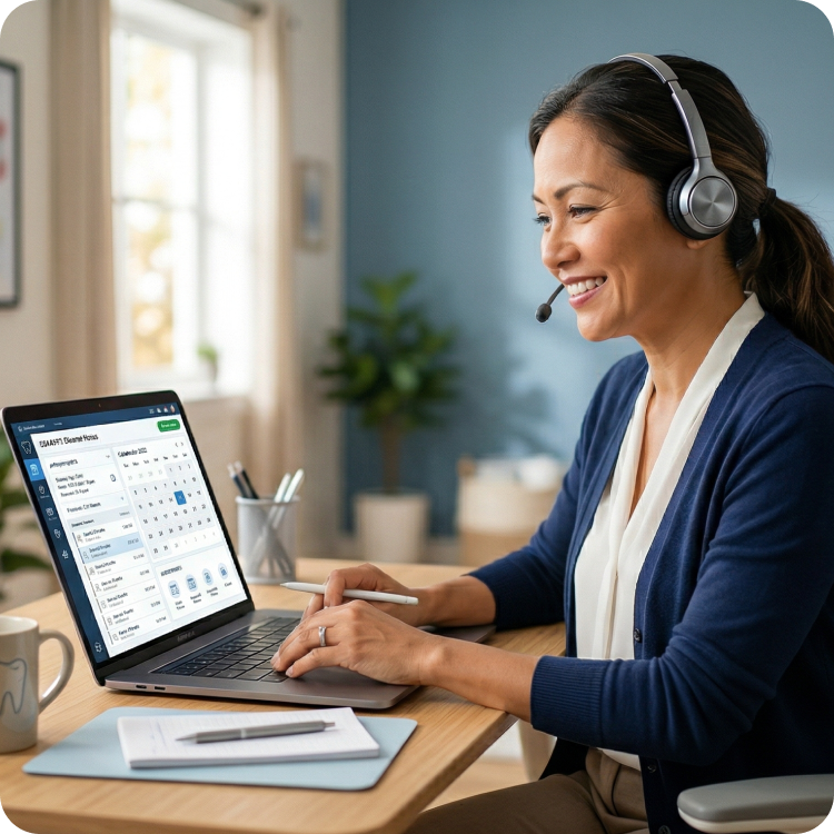 Smiling woman wearing headset, working on laptop showing calendar and appointment scheduling app in a bright home office.
