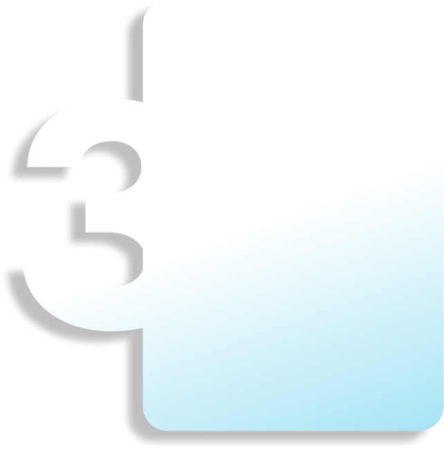 White rectangular puzzle piece with a black number 3 cut out on the left, fading to light blue at the bottom right.