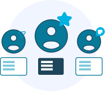 Illustration of three user icons with text boxes, highlighting the center user with a star symbol.