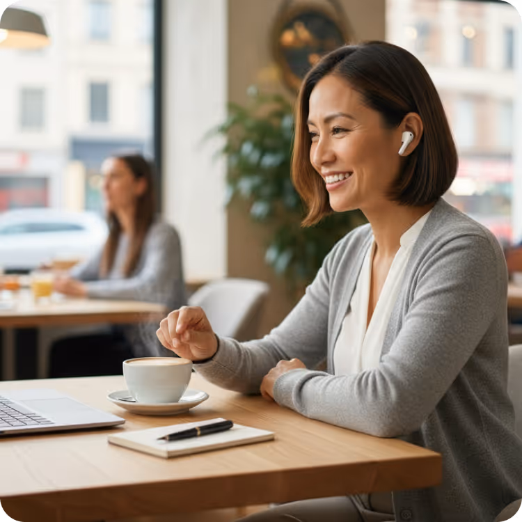 Smiling woman wearing headset, working on laptop showing calendar and appointment scheduling app in a bright home office.