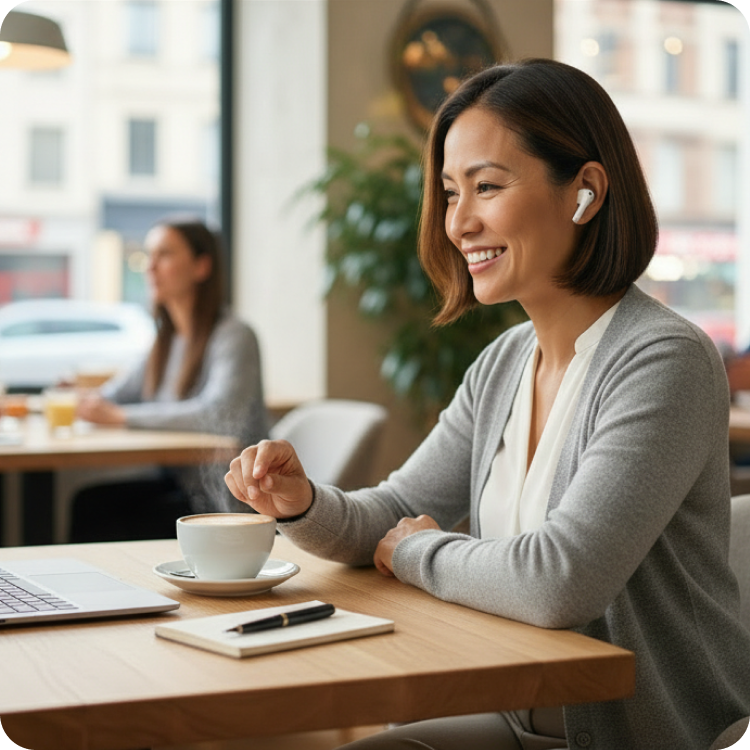 Smiling woman wearing headset, working on laptop showing calendar and appointment scheduling app in a bright home office.