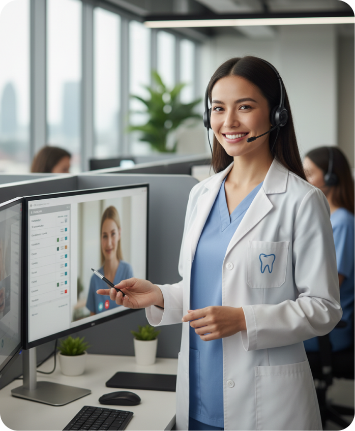 Smiling female dentist in a white coat with a headset conducting an online consultation at a modern office workstation.