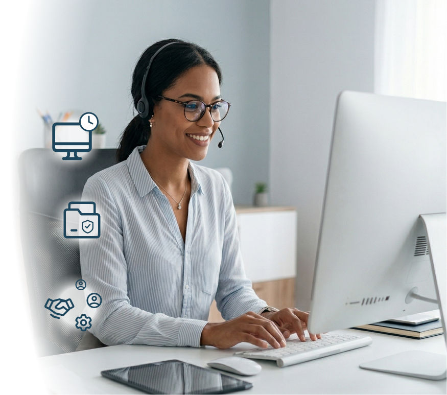 Smiling woman wearing glasses and a headset typing on a keyboard in front of a desktop computer at a desk with a tablet and mouse.