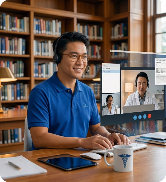 Man in a blue HealthTech polo shirt wearing a headset and video conferencing with two medical professionals in a library setting.