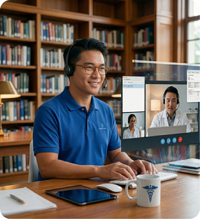 Man in a blue HealthTech polo shirt wearing a headset and video conferencing with two medical professionals in a library setting.