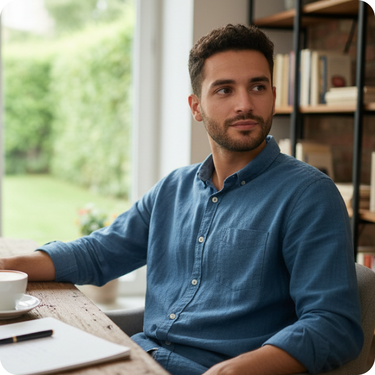 Man with dark hair and beard wearing a blue button-up shirt sitting at a wooden table with a notebook and cup of coffee, looking thoughtfully out of frame.