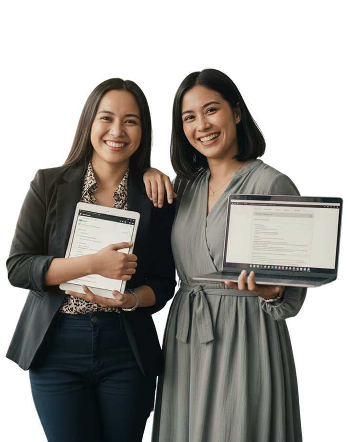 Two smiling women wearing colorful medical scrubs, one holding a mug and the other showing peace signs with both hands.