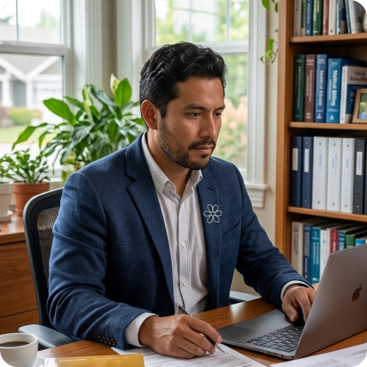 Man in a blue blazer working on a laptop at a wooden desk with papers, a cup of coffee, and plants in the background.
