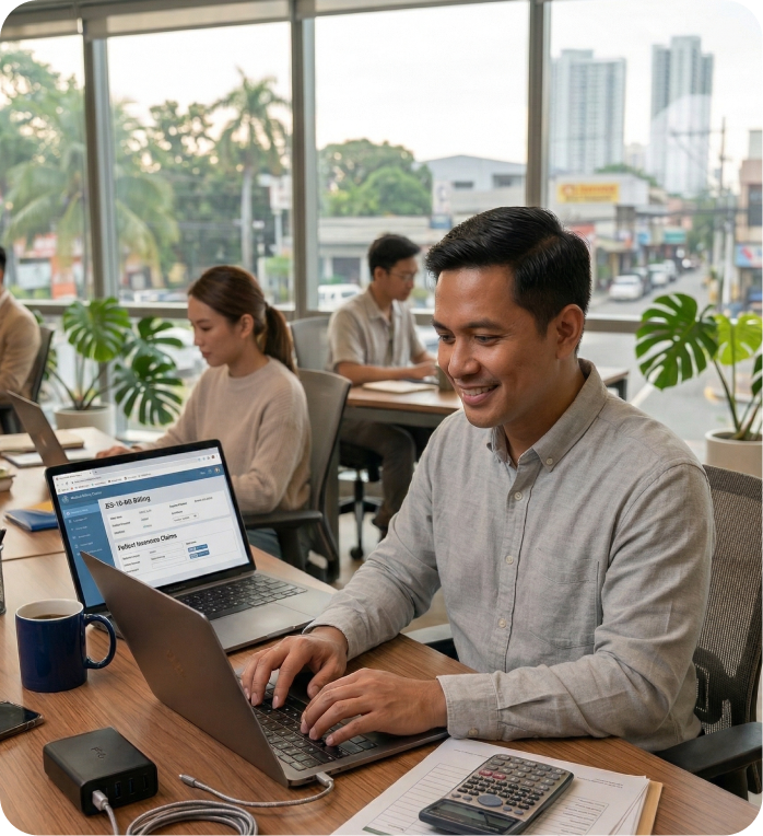 A man smiling while working on a laptop in an office with colleagues and paperwork visible.