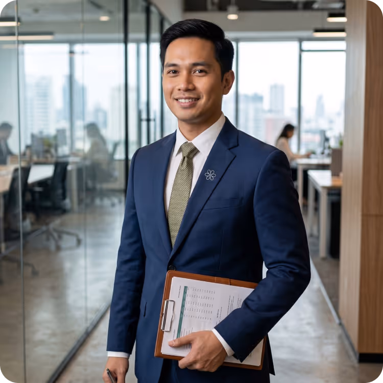Smiling businessman in a blue suit and green tie holding a clipboard in a modern office.