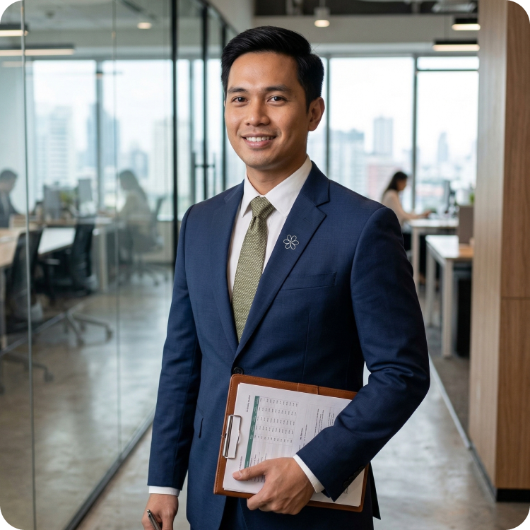 Smiling businessman in a blue suit and green tie holding a clipboard in a modern office.