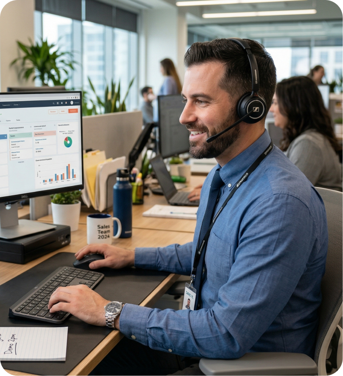 Smiling man wearing headset and blue shirt working on computer with sales data charts on screen in office.