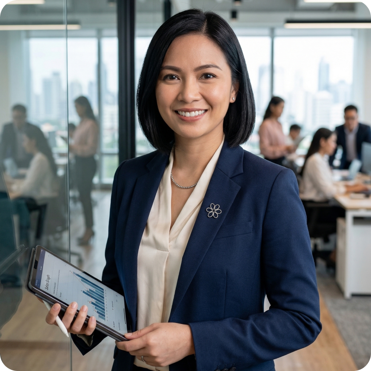 Smiling businesswoman in navy blazer holding a tablet displaying a sales graph in a modern office.