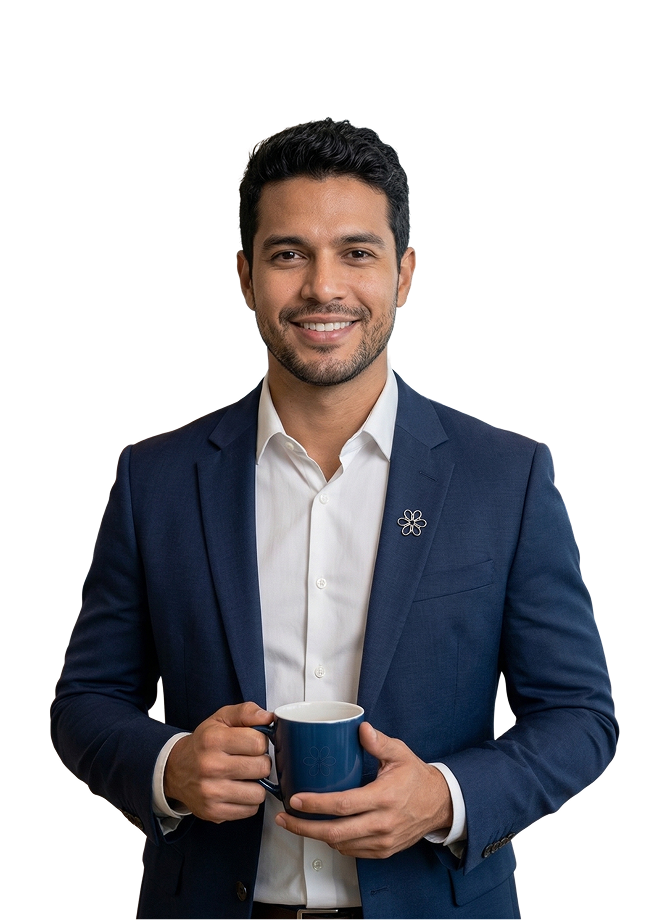 Smiling man in a navy blazer and white shirt holding a blue coffee mug.