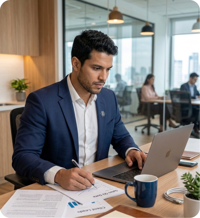 Man in a blue suit working at a desk with a laptop, reviewing sales data and taking notes in a modern office.