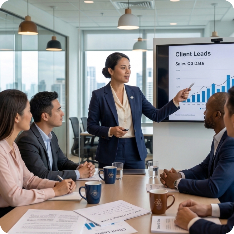 Businesswoman presenting Q3 sales data and client leads to a group in a modern office meeting room.