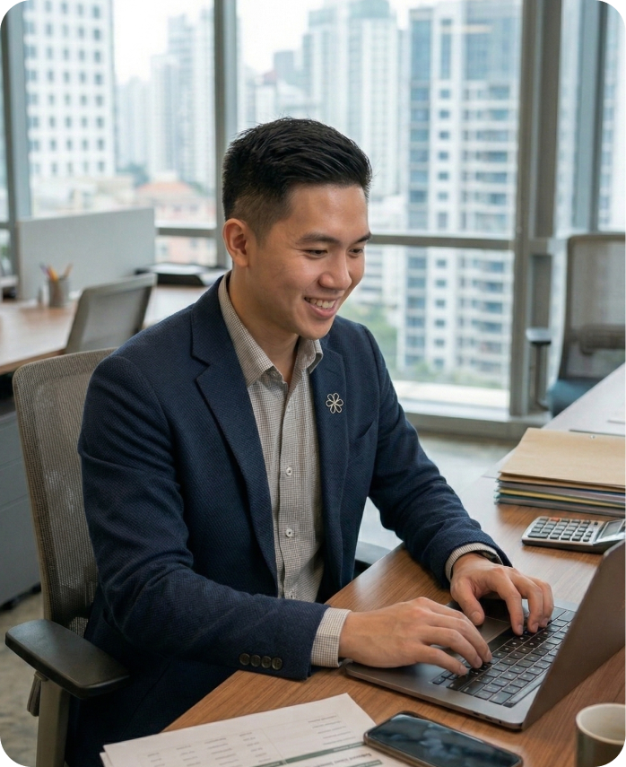 Smiling man in a navy blazer working on a laptop at an office desk with city buildings visible through large windows.