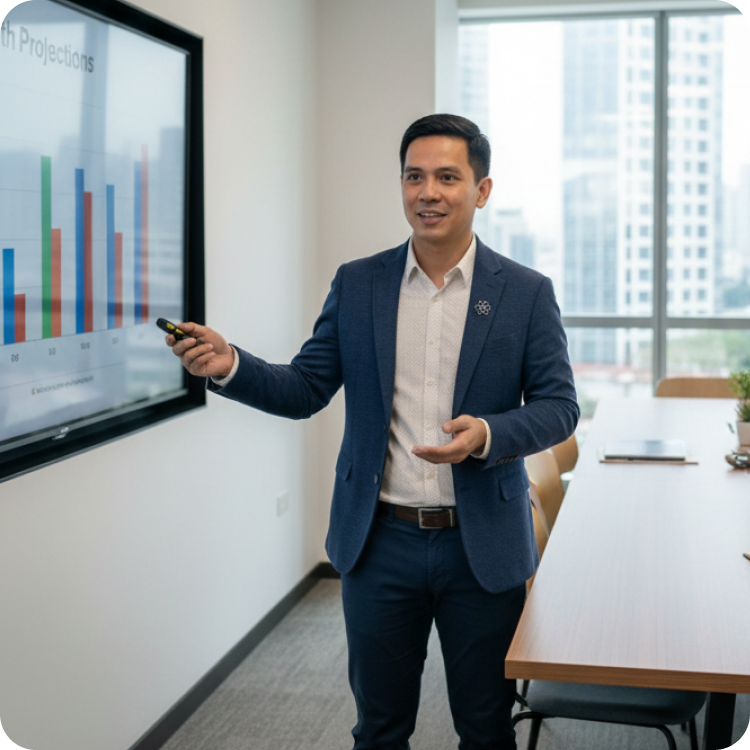 Businessman in a blue suit presenting a colorful bar chart on a screen in a modern office conference room.