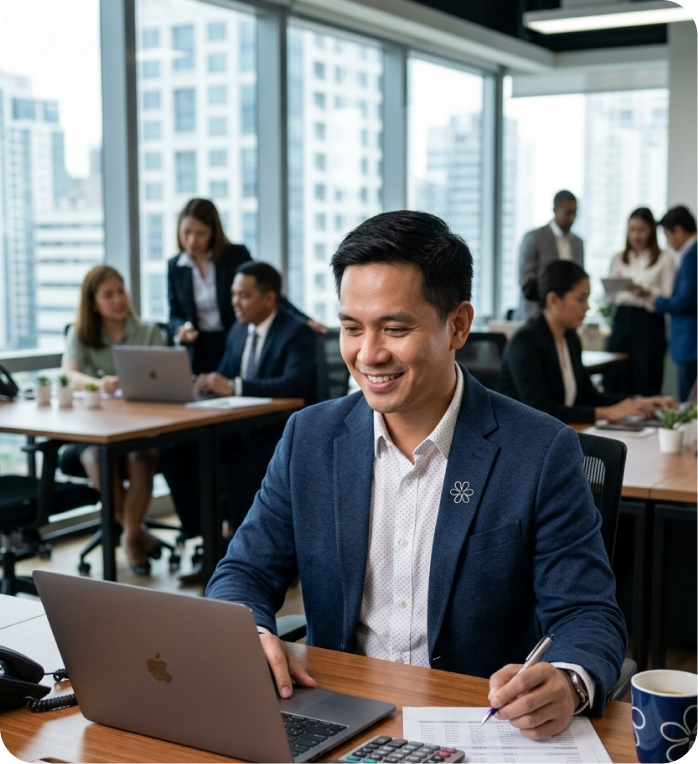 Smiling businessman working on a laptop at an office desk with colleagues collaborating in the background.