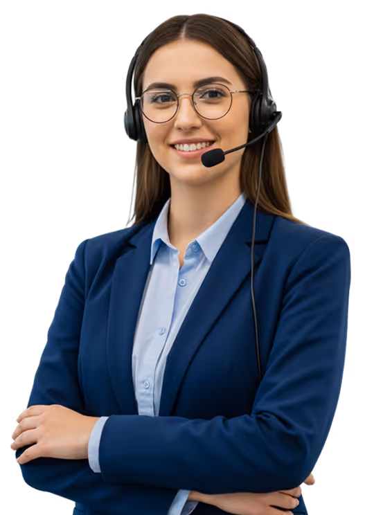 Smiling woman with glasses wearing a headset and navy blazer, arms crossed.