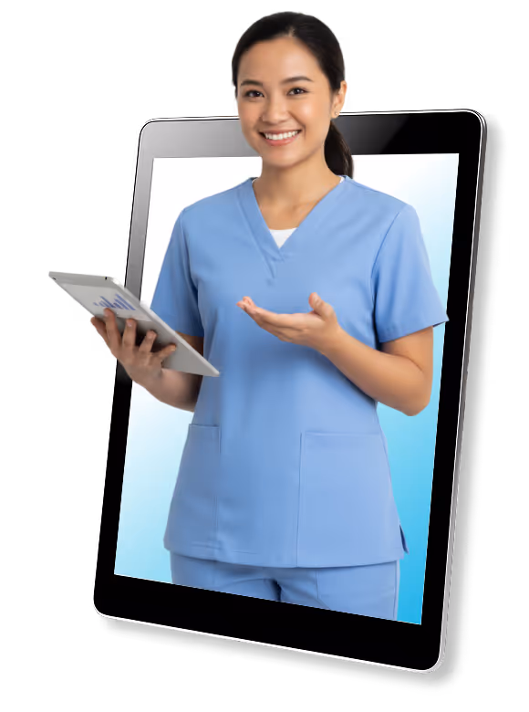 Smiling female healthcare professional in blue scrubs holding a tablet, emerging from a digital tablet screen.