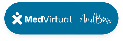 MedVirtual and AudBoss logos combined on a rounded blue rectangular background.