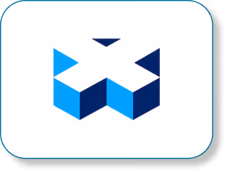 Abstract 3D geometric shape resembling an angular W, composed of blue and navy blue parallelograms on a white background.
