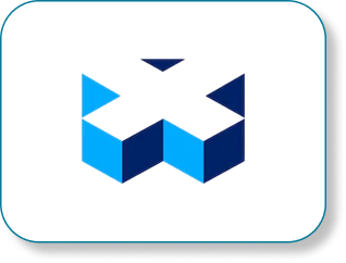 Abstract 3D geometric shape resembling an angular W, composed of blue and navy blue parallelograms on a white background.