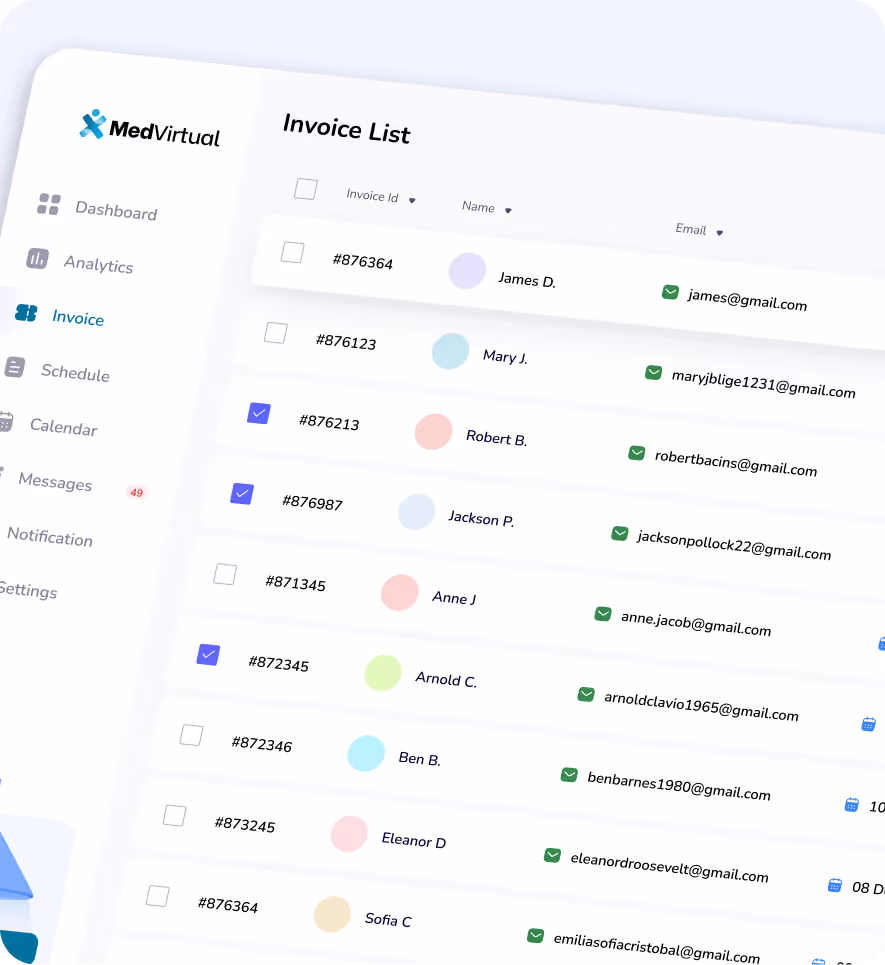 MedVirtual dashboard screen displaying an invoice list with names, invoice IDs, emails, and selected checkboxes.