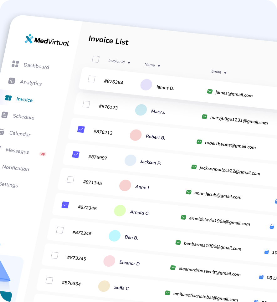 MedVirtual dashboard screen displaying an invoice list with names, invoice IDs, emails, and selected checkboxes.