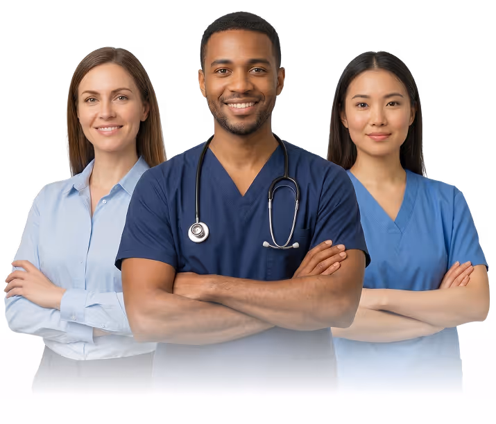Three healthcare professionals smiling with arms crossed, including a male nurse with a stethoscope and two female colleagues in medical attire.