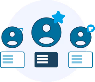 Three user icons with associated text boxes, the middle icon highlighted with a star above it representing selection or priority.