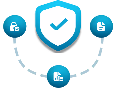 Shield with a checkmark in center connected by dotted lines to three blue circles featuring security-related icons.