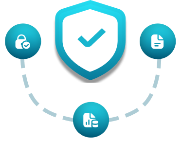 Shield with checkmark connected by dotted lines to icons of a locked padlock with checkmark, a document, and another document with lines.