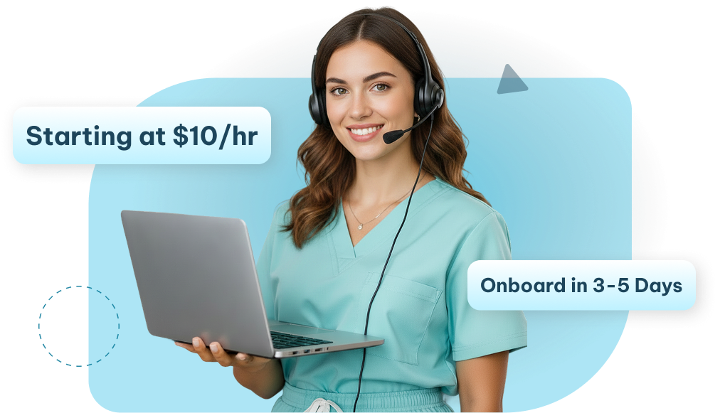 Smiling woman in teal scrubs wearing headset and holding laptop with text about pay and onboarding.