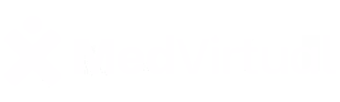 MedVirtual logo with stylized icon and text in white on black background.