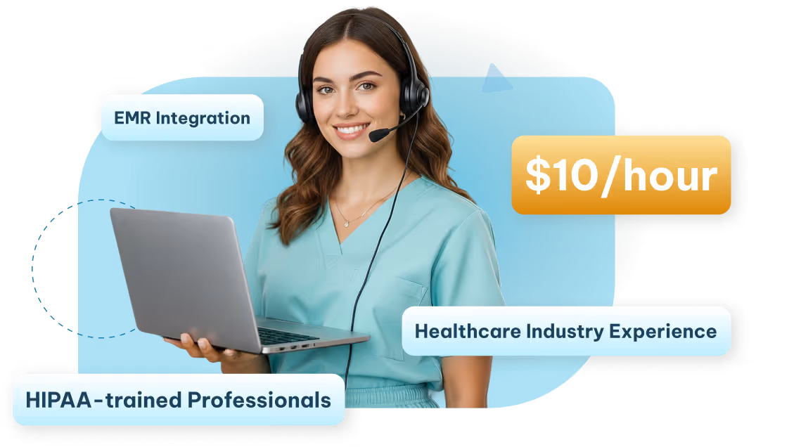 Smiling woman in teal scrubs wearing headset and holding laptop with text about pay and onboarding.