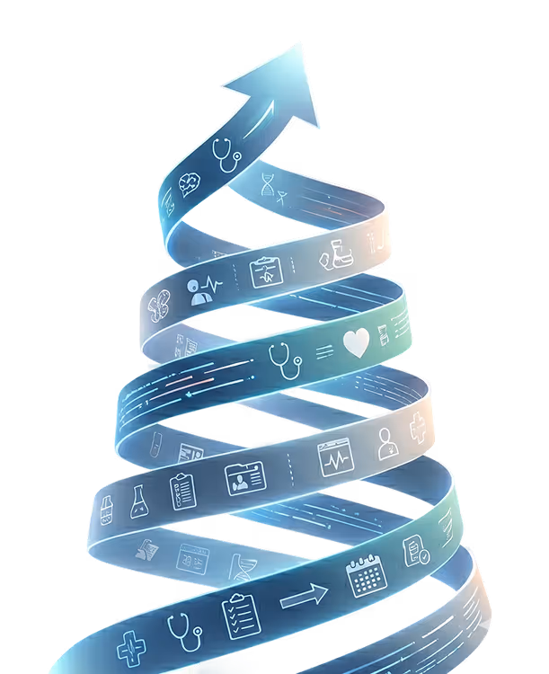 Blue spiral arrow with medical icons like stethoscope, heart, DNA, and clipboard on a black background.