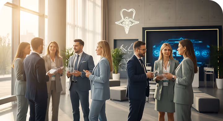 Two groups of businesspeople in suits having conversations in a modern office with tech displays.
