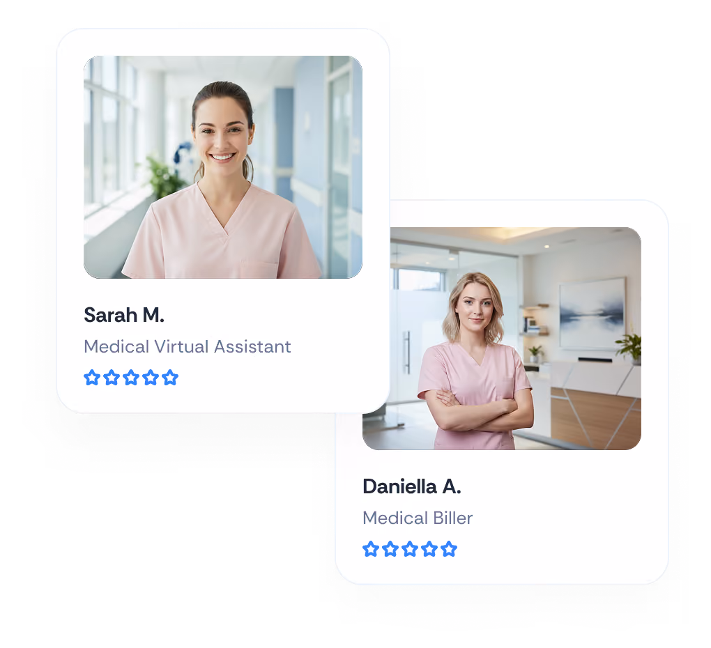 Profiles of two women in medical scrubs with roles Medical Virtual Assistant and Medical Biller, with star ratings.