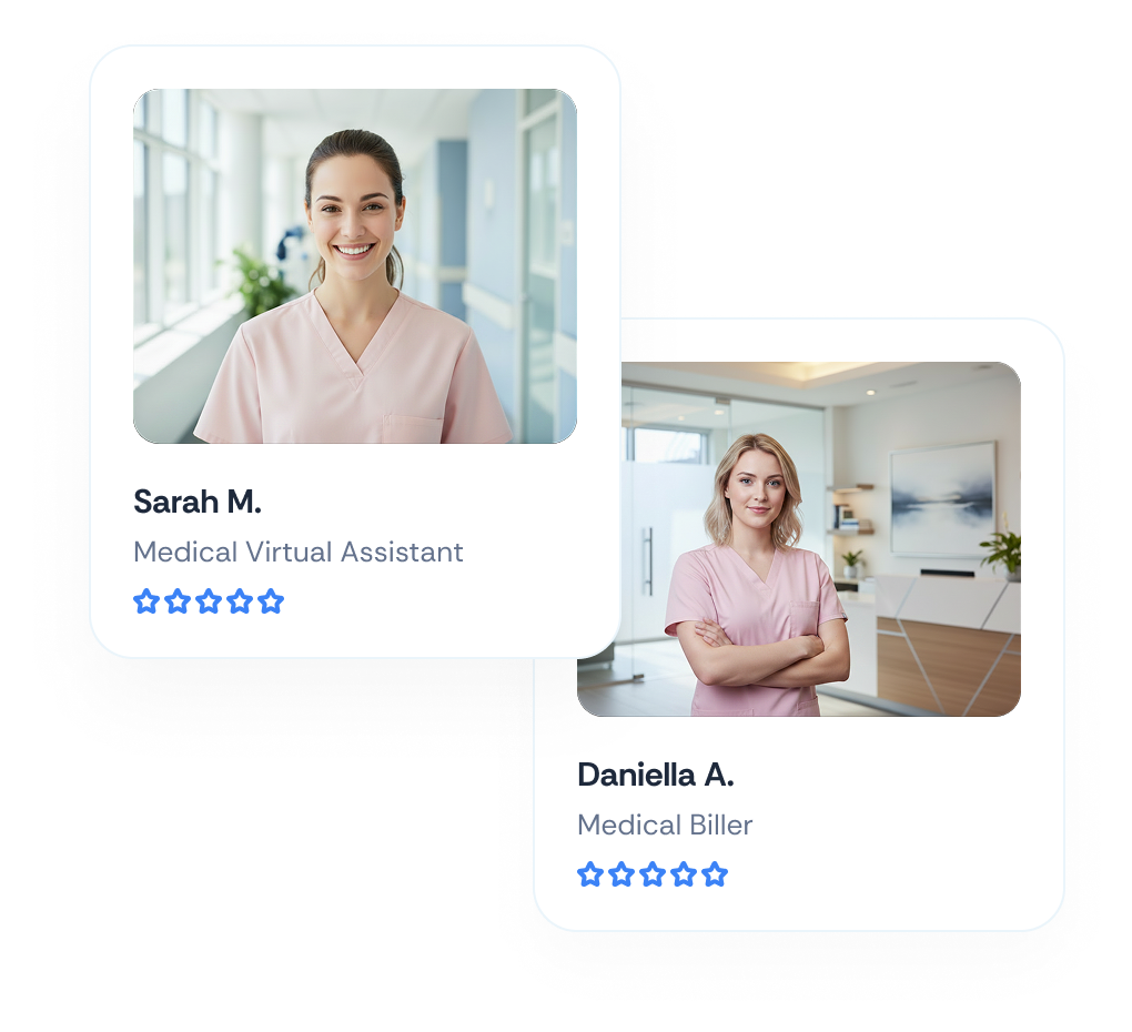 Profiles of two women in medical scrubs with roles Medical Virtual Assistant and Medical Biller, with star ratings.